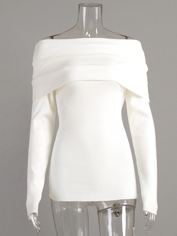Long Sleeves Loose Solid Color Off-The-Shoulder Pullovers Sweater Tops - Image 14