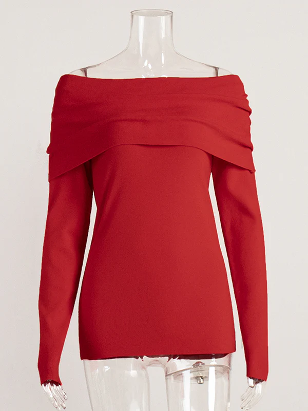 Long Sleeves Loose Solid Color Off-The-Shoulder Pullovers Sweater Tops - Image 15