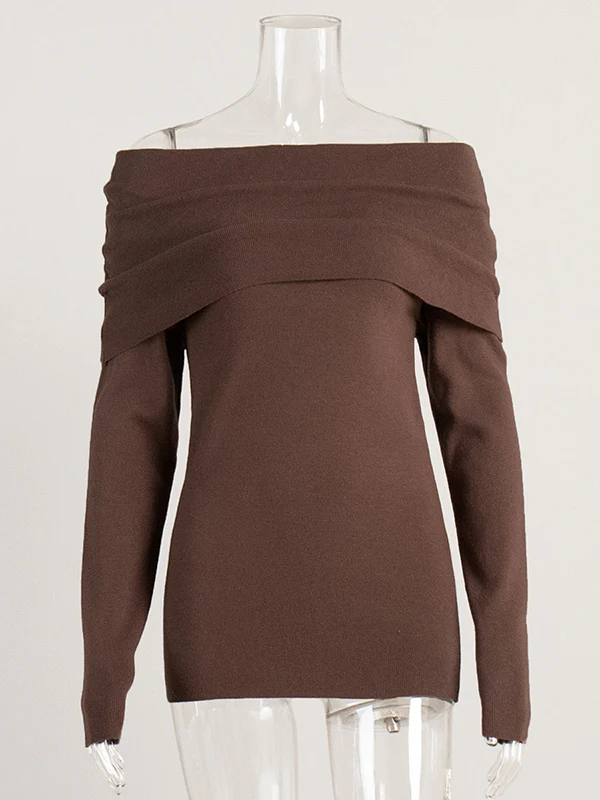 Long Sleeves Loose Solid Color Off-The-Shoulder Pullovers Sweater Tops - Image 16