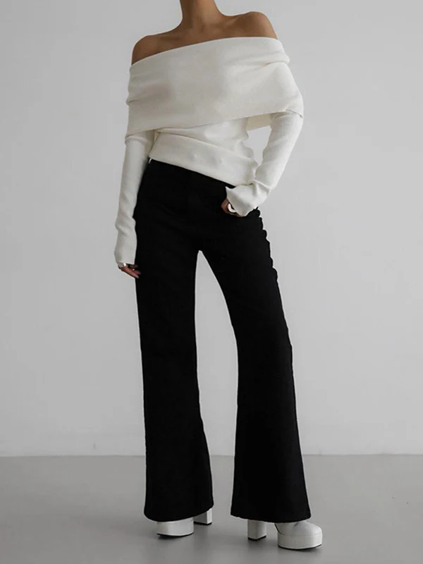 Long Sleeves Loose Solid Color Off-The-Shoulder Pullovers Sweater Tops - Image 17