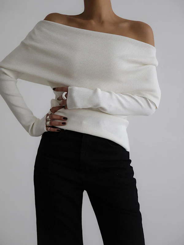 Long Sleeves Loose Solid Color Off-The-Shoulder Pullovers Sweater Tops - Image 2