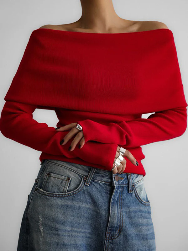 Long Sleeves Loose Solid Color Off-The-Shoulder Pullovers Sweater Tops - Image 3