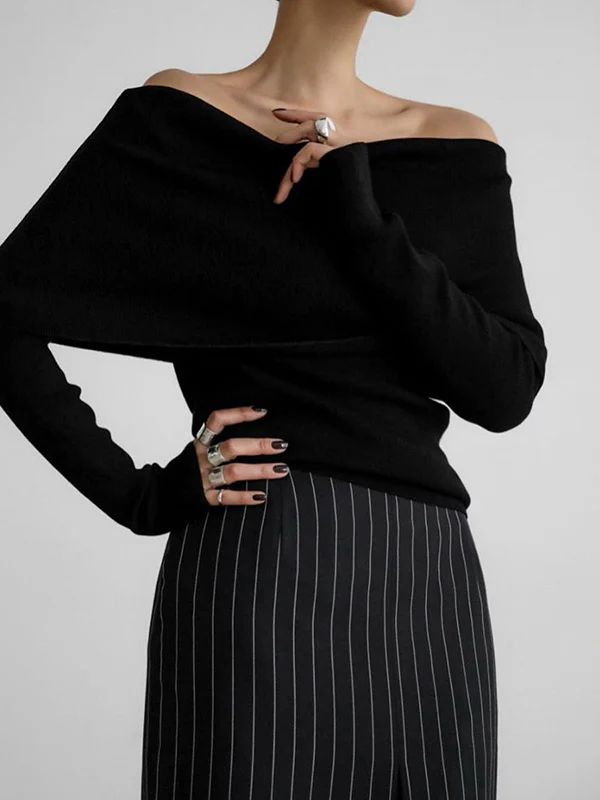 Long Sleeves Loose Solid Color Off-The-Shoulder Pullovers Sweater Tops - Image 4