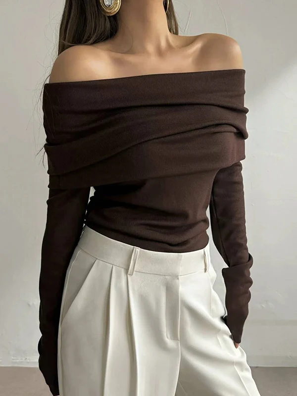 Long Sleeves Loose Solid Color Off-The-Shoulder Pullovers Sweater Tops - Image 5
