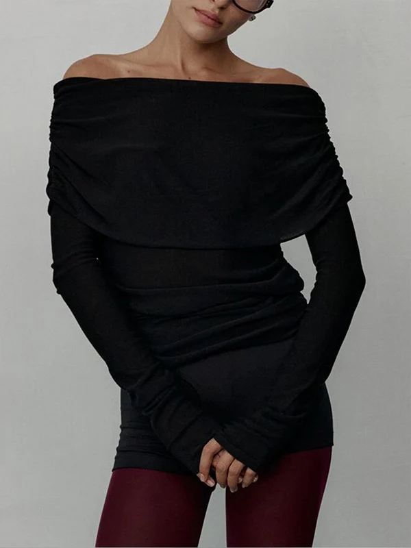 Long Sleeves Loose Solid Color Off-The-Shoulder Pullovers Sweater Tops - Image 6