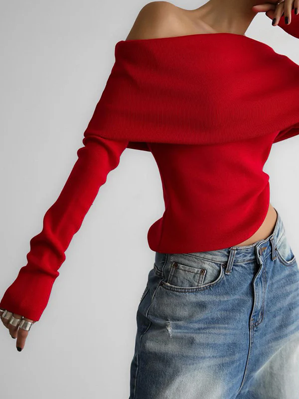 Long Sleeves Loose Solid Color Off-The-Shoulder Pullovers Sweater Tops - Image 8