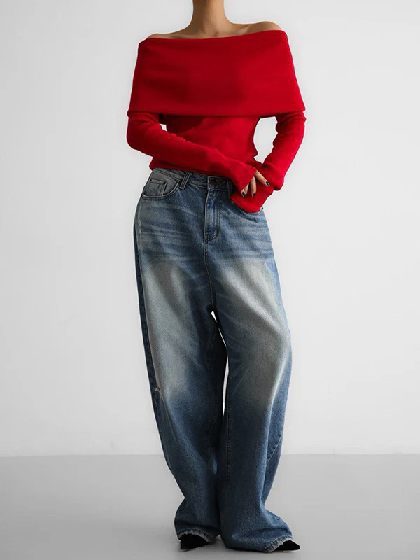Long Sleeves Loose Solid Color Off-The-Shoulder Pullovers Sweater Tops - Image 9