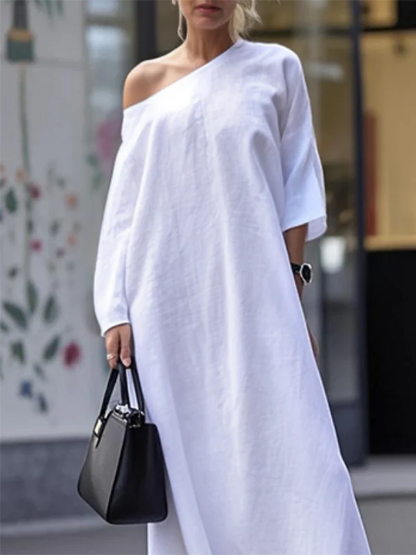 Long Sleeves Loose Solid Color One-Shoulder Maxi Dresses - Image 2