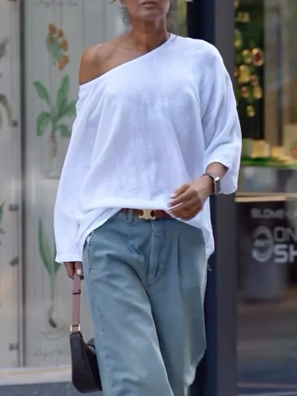 Long Sleeves Loose Solid Color One-Shoulder T-Shirts Tops - Image 2