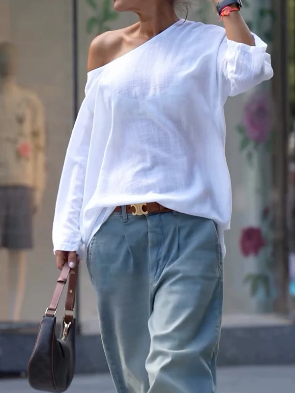 Long Sleeves Loose Solid Color One-Shoulder T-Shirts Tops - Image 3