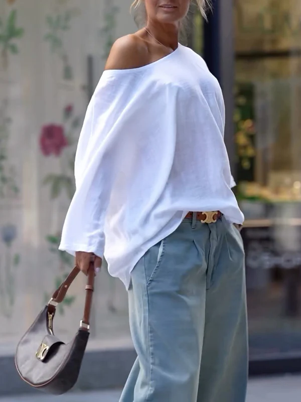 Long Sleeves Loose Solid Color One-Shoulder T-Shirts Tops - Image 5