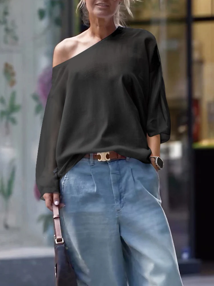 Long Sleeves Loose Solid Color One-Shoulder T-Shirts Tops - Image 7