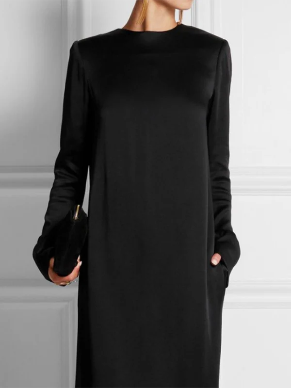 Long Sleeves Loose Solid Color Round-Neck Maxi Dresses - Image 2