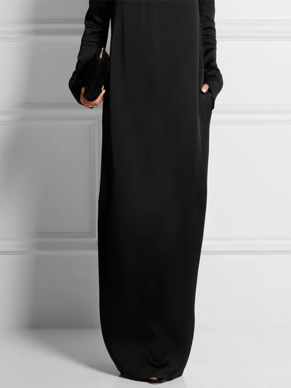 Long Sleeves Loose Solid Color Round-Neck Maxi Dresses - Image 3