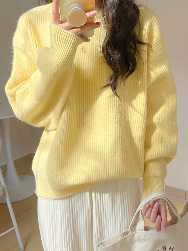 Long Sleeves Loose Solid Color Round-Neck Pullovers Sweater Tops - Image 11