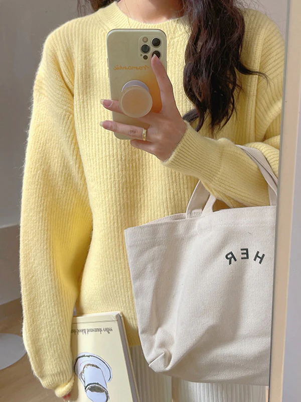 Long Sleeves Loose Solid Color Round-Neck Pullovers Sweater Tops - Image 12