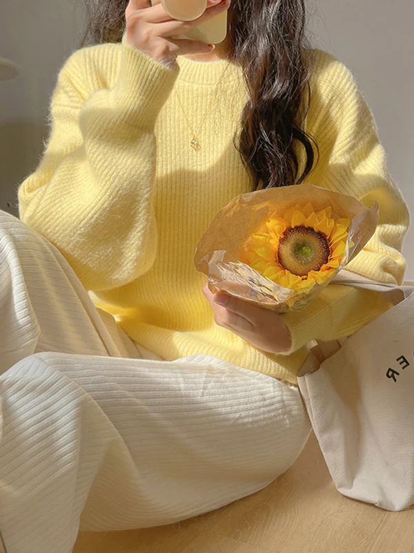 Long Sleeves Loose Solid Color Round-Neck Pullovers Sweater Tops - Image 13