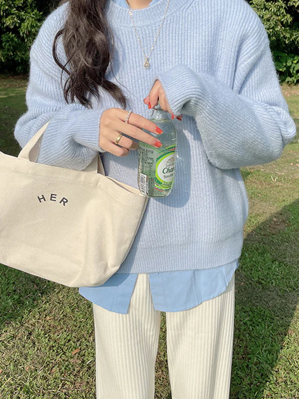Long Sleeves Loose Solid Color Round-Neck Pullovers Sweater Tops - Image 14