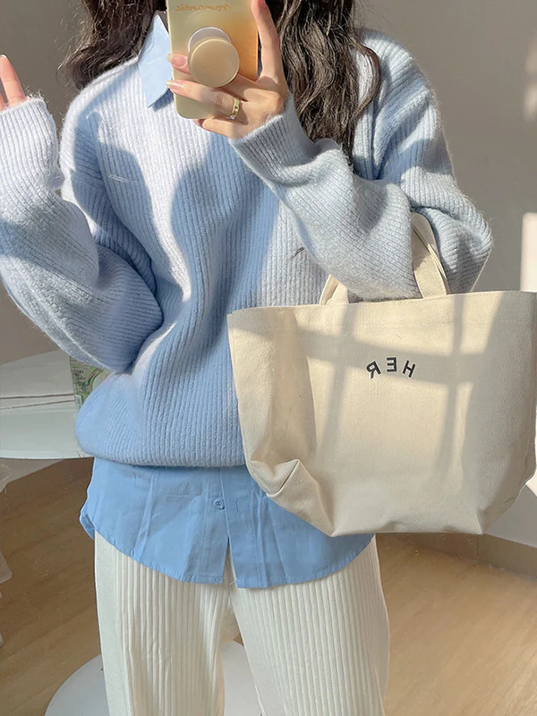 Long Sleeves Loose Solid Color Round-Neck Pullovers Sweater Tops - Image 15