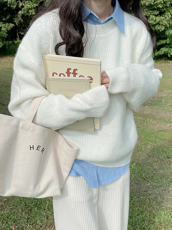 Long Sleeves Loose Solid Color Round-Neck Pullovers Sweater Tops - Image 16