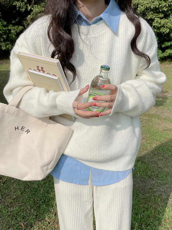 Long Sleeves Loose Solid Color Round-Neck Pullovers Sweater Tops - Image 3