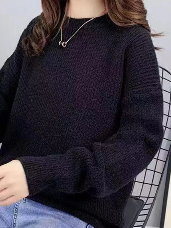 Long Sleeves Loose Solid Color Round-Neck Pullovers Sweater Tops - Image 5