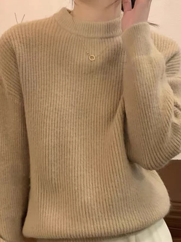 Long Sleeves Loose Solid Color Round-Neck Pullovers Sweater Tops - Image 6