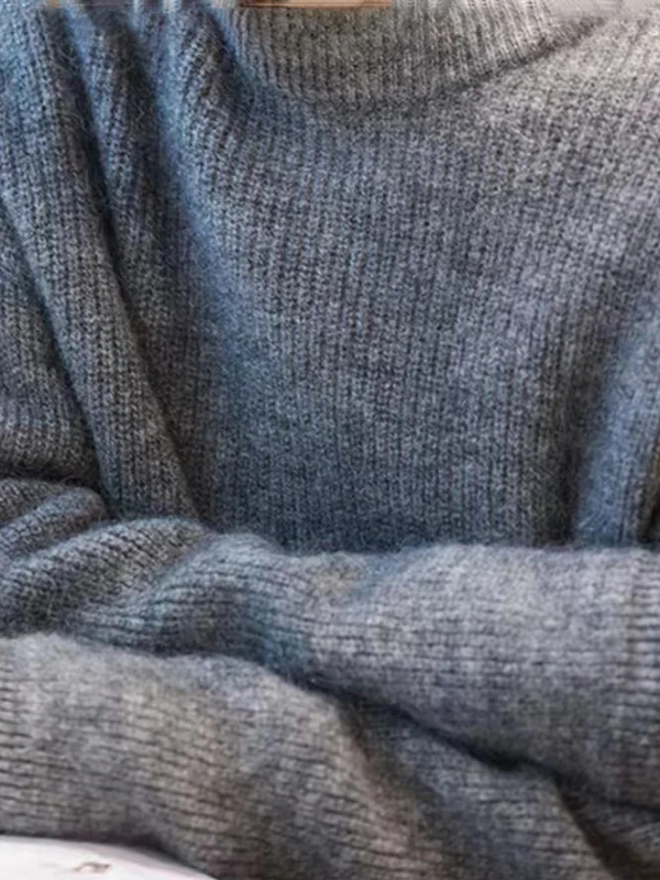 Long Sleeves Loose Solid Color Round-Neck Pullovers Sweater Tops - Image 7
