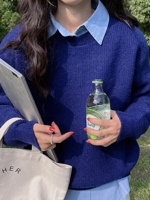 Long Sleeves Loose Solid Color Round-Neck Pullovers Sweater Tops - Image 9