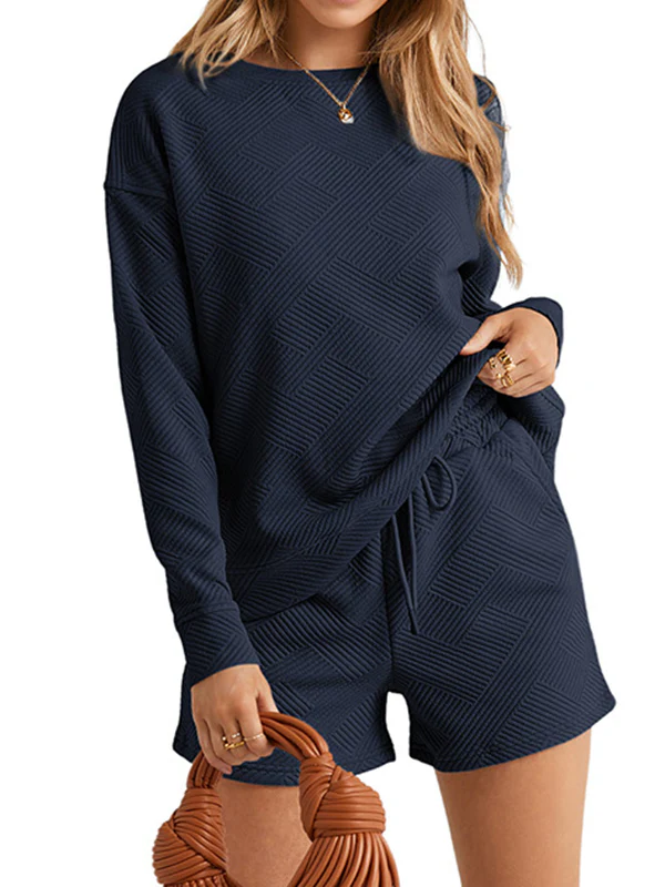 Long Sleeves Loose Solid Color Round-Neck Sweatshirt Top + Drawstring Shorts Bottom Two Pieces Set - Image 6