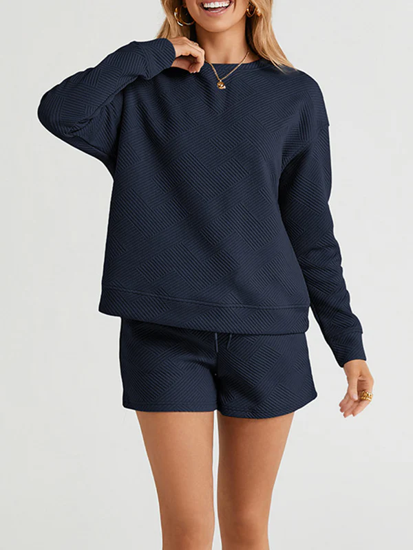 Long Sleeves Loose Solid Color Round-Neck Sweatshirt Top + Drawstring Shorts Bottom Two Pieces Set - Image 7
