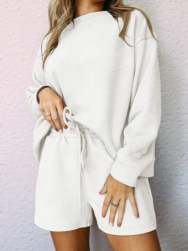 Long Sleeves Loose Solid Color Round-Neck Sweatshirt Top + Drawstring Shorts Bottom Two Pieces Set - Image 9
