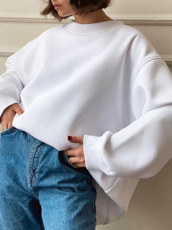 Long Sleeves Loose Solid Color Round-Neck Sweatshirt Tops - Image 10