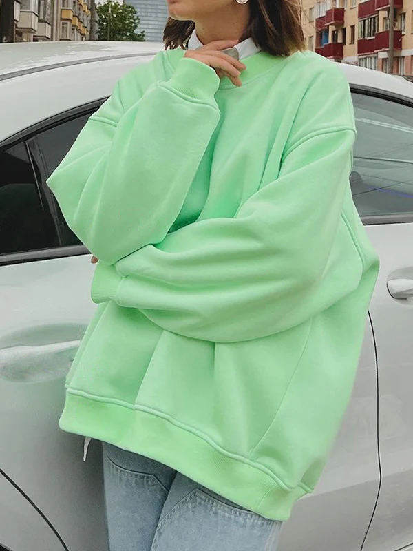 Long Sleeves Loose Solid Color Round-Neck Sweatshirt Tops - Image 11