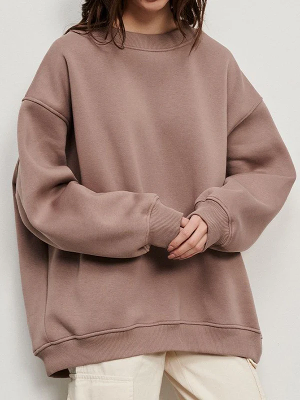 Long Sleeves Loose Solid Color Round-Neck Sweatshirt Tops - Image 12