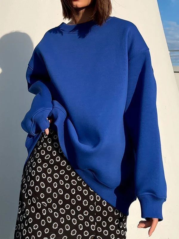 Long Sleeves Loose Solid Color Round-Neck Sweatshirt Tops - Image 14