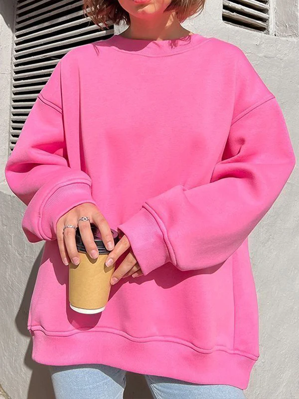 Long Sleeves Loose Solid Color Round-Neck Sweatshirt Tops - Image 15