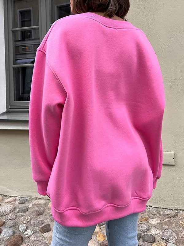 Long Sleeves Loose Solid Color Round-Neck Sweatshirt Tops - Image 16