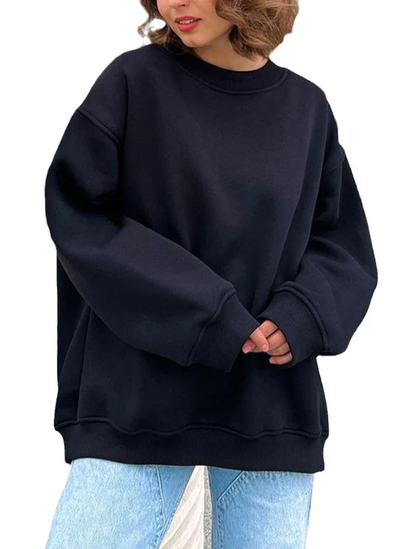 Long Sleeves Loose Solid Color Round-Neck Sweatshirt Tops - Image 17