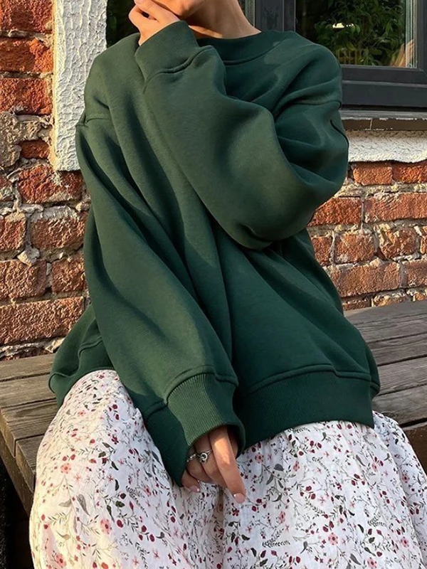 Long Sleeves Loose Solid Color Round-Neck Sweatshirt Tops - Image 18