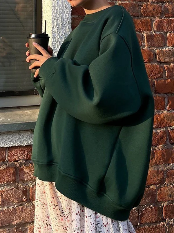 Long Sleeves Loose Solid Color Round-Neck Sweatshirt Tops - Image 19