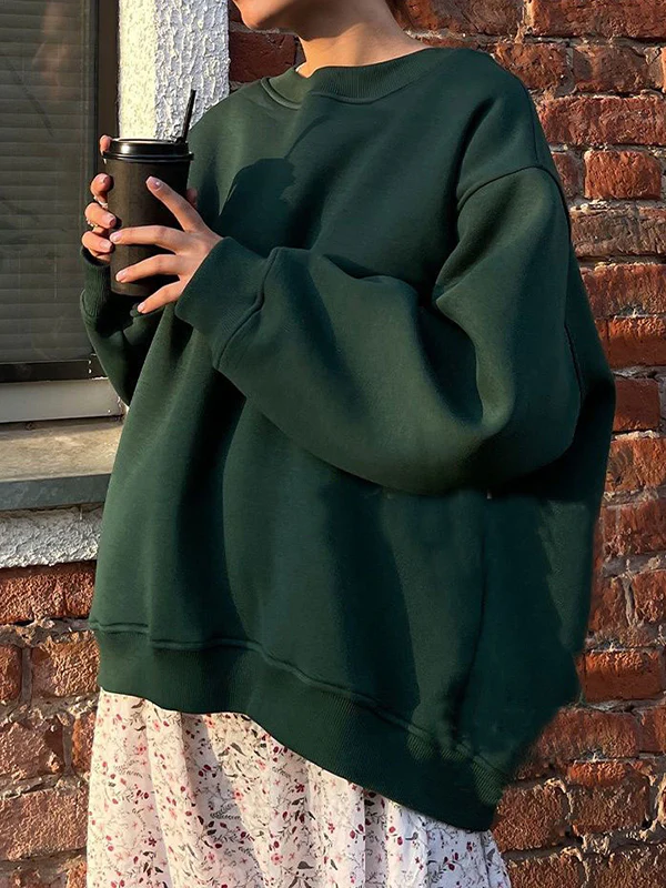 Long Sleeves Loose Solid Color Round-Neck Sweatshirt Tops - Image 2