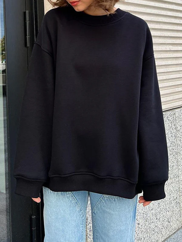 Long Sleeves Loose Solid Color Round-Neck Sweatshirt Tops - Image 20