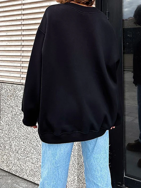 Long Sleeves Loose Solid Color Round-Neck Sweatshirt Tops - Image 21