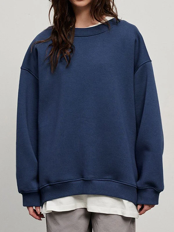 Long Sleeves Loose Solid Color Round-Neck Sweatshirt Tops - Image 22