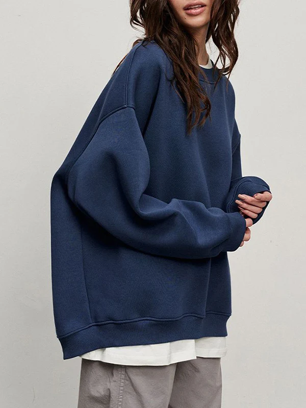 Long Sleeves Loose Solid Color Round-Neck Sweatshirt Tops - Image 23