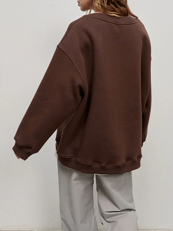 Long Sleeves Loose Solid Color Round-Neck Sweatshirt Tops - Image 24