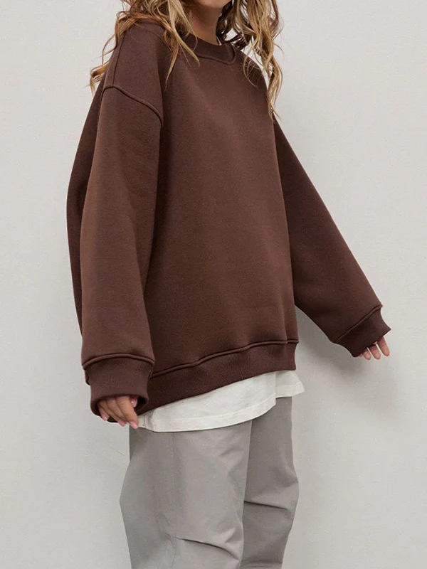Long Sleeves Loose Solid Color Round-Neck Sweatshirt Tops - Image 25