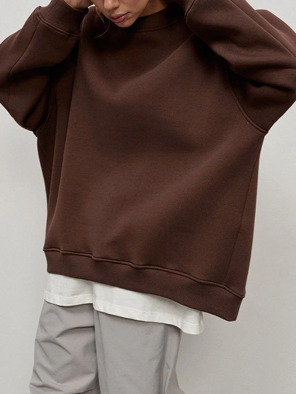 Long Sleeves Loose Solid Color Round-Neck Sweatshirt Tops - Image 26