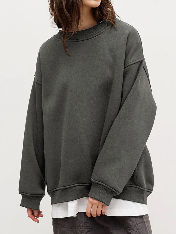 Long Sleeves Loose Solid Color Round-Neck Sweatshirt Tops - Image 27